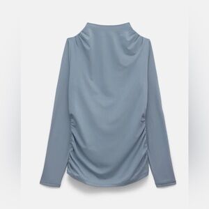 Girlfriend Collective Taylor Gathered Mock Neck Long Sleeve in Ocean- NWT